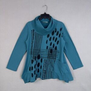 Jess & Jane Shirt Womens Medium Blue Geometric Art To Wear Tunic Top Pocket USA